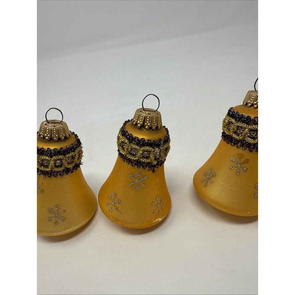 Vintage West Germany 3‎ Bells Stenciled Red Gold Glittered Blown Glass Ornaments